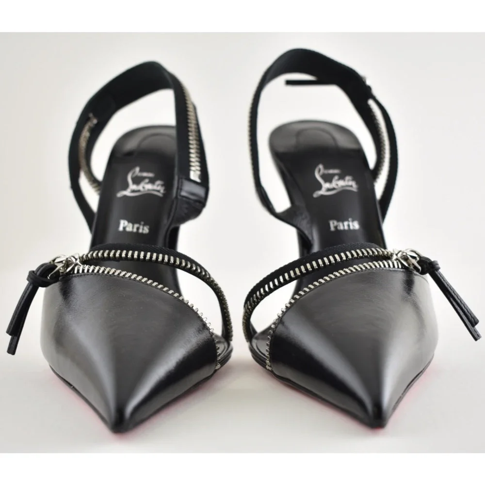 Christian Louboutin Slingyzip 100 Black Leather Zipper Slingback Heel Pump 38